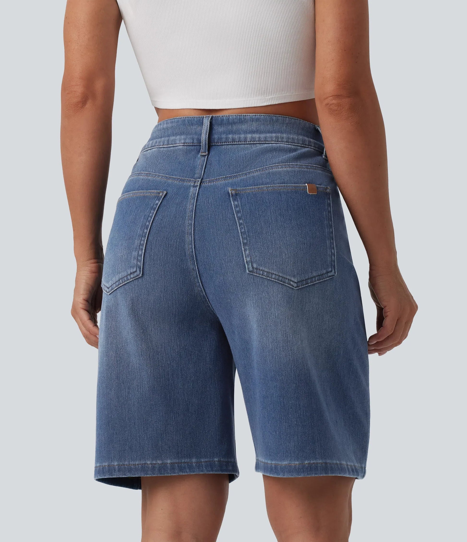 Lounge Flex™ Asymmetric High Waisted Washed Denim Casual Shorts 9'' with Pockets - Lounge